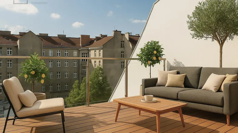Moderne Dachterrasse mit Holzboden, bequemen Gartenmöbeln und Blick auf die Stadt.