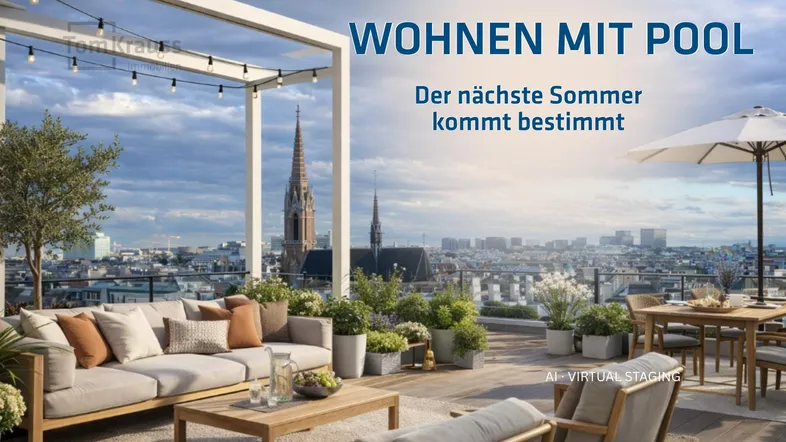 Geräumige Dachterrasse mit moderner Lounge-Möblierung, Essbereich und weitem Stadtblick.