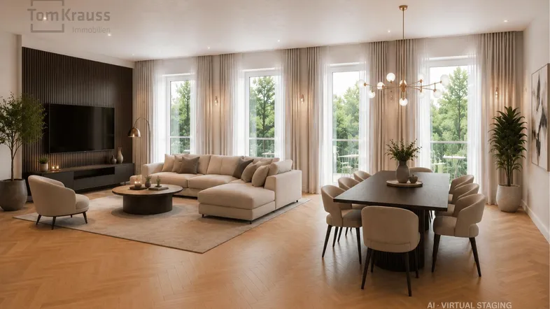 Großzügiger, lichtdurchfluteter Wohn- und Essbereich mit modernem Interieur und Blick ins Grüne.