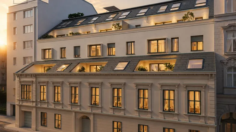 Visualisierung der modernen Fassade eines Wohngebäudes bei Sonnenuntergang mit Dachterrassen.