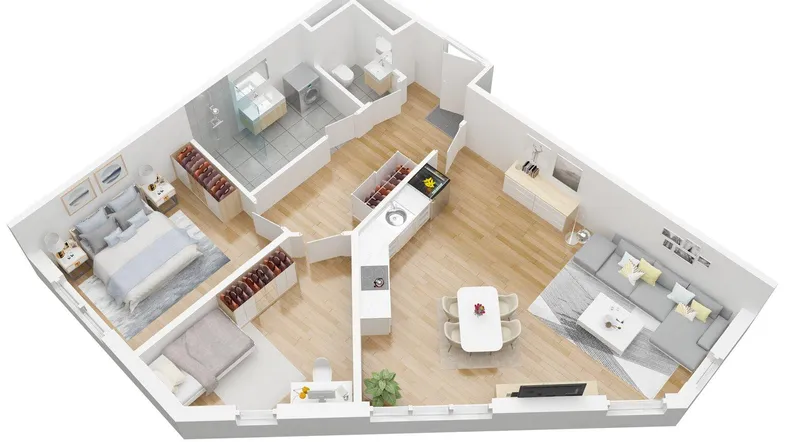 Visualisierter Grundriss einer modernen Wohnung mit offener Küche, Wohnbereich und zwei Schlafzimmern.