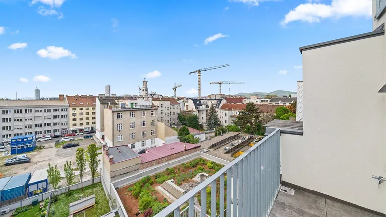 Weitläufiger Blick von der Terrasse über die Stadt mit Gebäuden und Baukranen unter blauem Himmel.