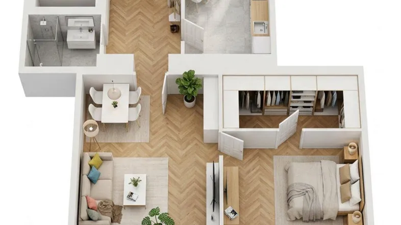 Moderner 3D-Grundriss einer Wohnung mit offenem Wohnbereich, Schlafzimmer und separater Küche.