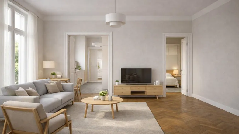 Helles Wohnzimmer mit Fischgrätparkett, modernem Sofa und hohen Fenstern für viel Tageslicht.