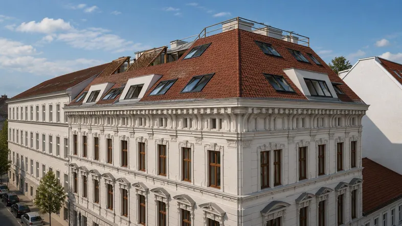 Historisches Gebäude mit aufwendiger Fassade und modern ausgebautem Dachgeschoss unter blauem Himmel.