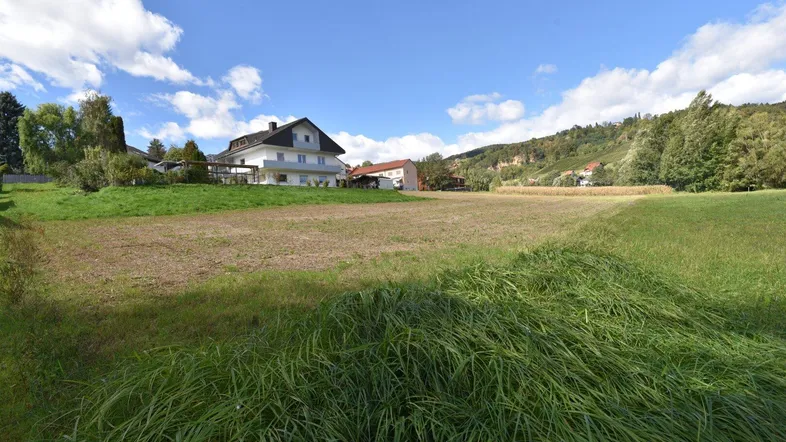 Weitläufiges Grundstück mit einem Wohnhaus im Hintergrund und grüner Landschaft unter blauem Himmel.