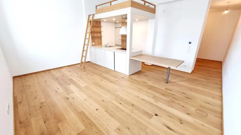 Helles, offenes Wohnzimmer mit Holzboden, integrierter Küchenzeile und einer Schlafgalerie.