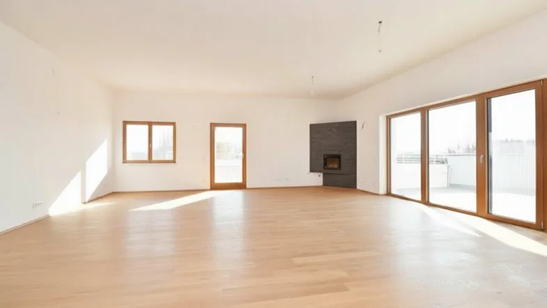 Helles, leeres Wohnzimmer mit Holzboden, großen Fenstern und einem modernen Kamin.