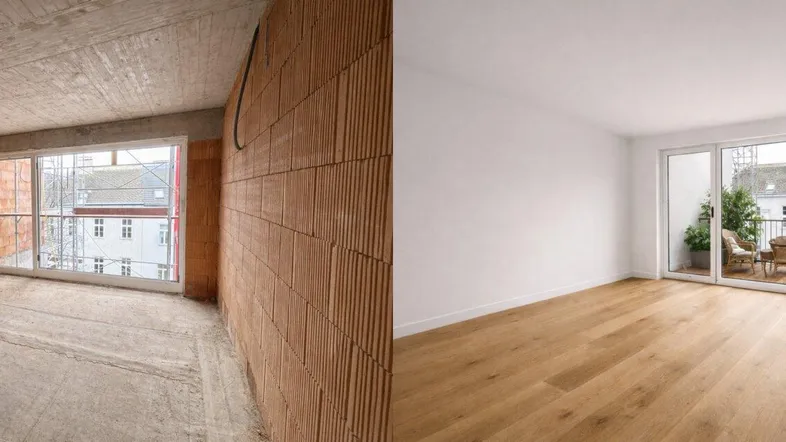Vorher-Nachher-Ansicht eines Raumes mit Rohbau und fertiggestelltem Wohnbereich mit Holzboden und Balkon.