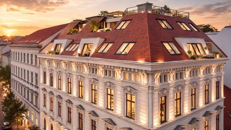 Elegantes Gebäude mit klassischer Fassade und modernen Dachterrassen bei Sonnenuntergang.