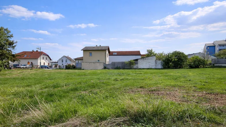 Weitläufiges grünes Grundstück mit umliegenden Wohnhäusern unter blauem Himmel.
