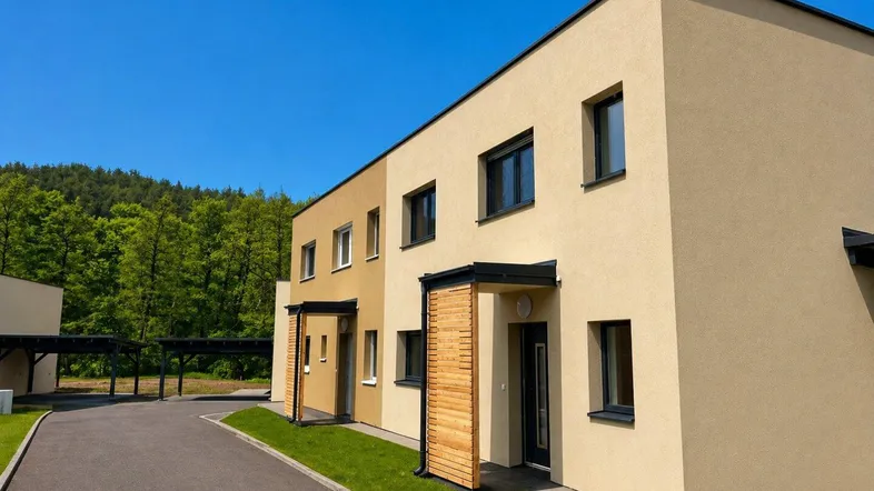 Moderne Reihenhäuser mit beiger Fassade, dunklen Fenstern und Holzdetails in einer grünen Umgebung.