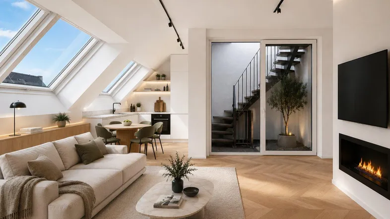Heller, offener Wohnbereich mit integrierter moderner Küche, großen Dachfenstern, Kamin und Blick auf einen Innenhof mit Treppe.