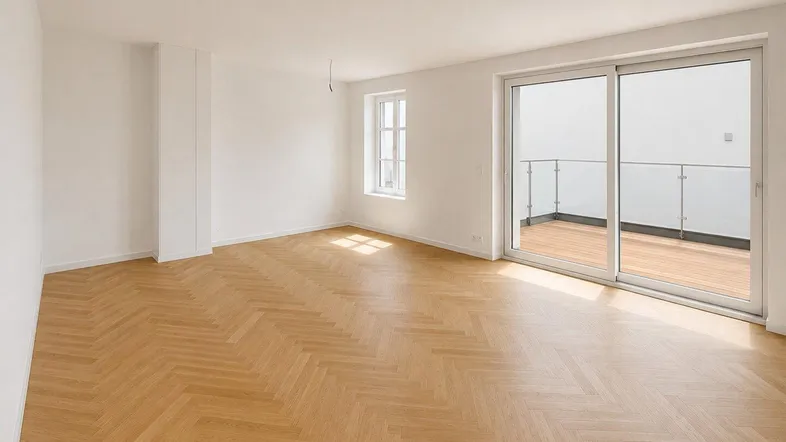Geräumiges, helles Wohnzimmer mit Fischgrätparkett und Zugang zu einem Balkon durch eine große Schiebetür.
