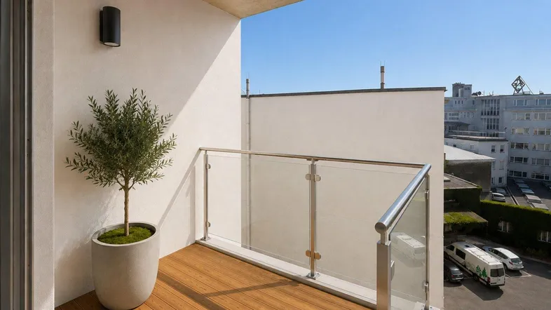 Moderner Balkon mit Holzboden, Glasgeländer und einem Olivenbaum, bietet einen angenehmen Außenbereich.
