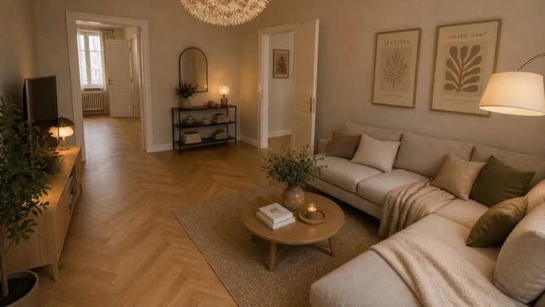 Helles Wohnzimmer mit bequemem Ecksofa, elegantem Fischgrätparkett und Zugang zu weiteren Räumen.