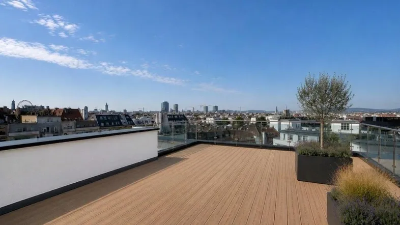 Panoramablick von einer großzügigen Dachterrasse mit Holzboden über die Dächer der Stadt.