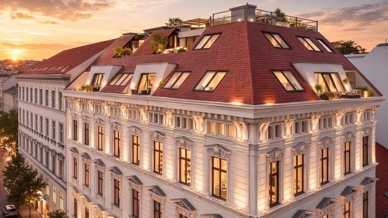 Elegantes Gebäude mit historischer Fassade und modernen Dachterrassen bei Sonnenuntergang.