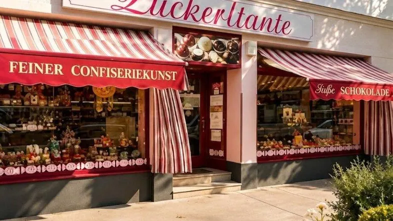 Historische Ladenfassade der Konditorei 'Zuckerltante' mit gestreiften Markisen und Schaufenstern.