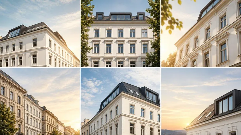 Mehrere Ansichten eines eleganten Gebäudes mit klassischer Architektur und Mansarddach in urbaner Umgebung.