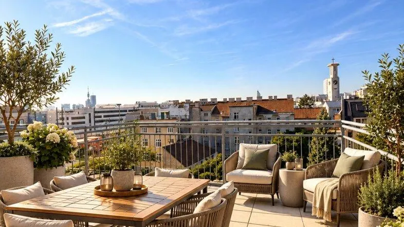 Geräumige Dachterrasse mit Essbereich, Lounge-Möbeln und weitem Blick über die Stadt.