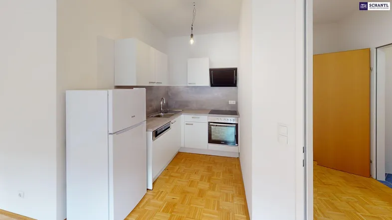 Moderne Einbauküche mit weißen Schränken, Kühlschrank, Geschirrspüler und Parkettboden in einem hellen Raum.