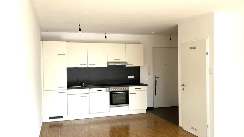 Moderne Einbauküche mit weißen Schränken und dunkler Arbeitsplatte in einem offenen Wohnbereich.