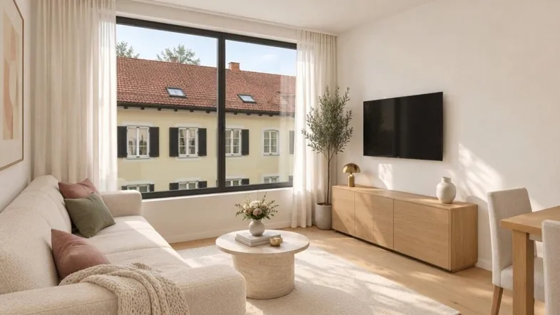 Helles Wohnzimmer mit großen Fenstern, hellem Sofa und Blick auf gegenüberliegende Gebäude.