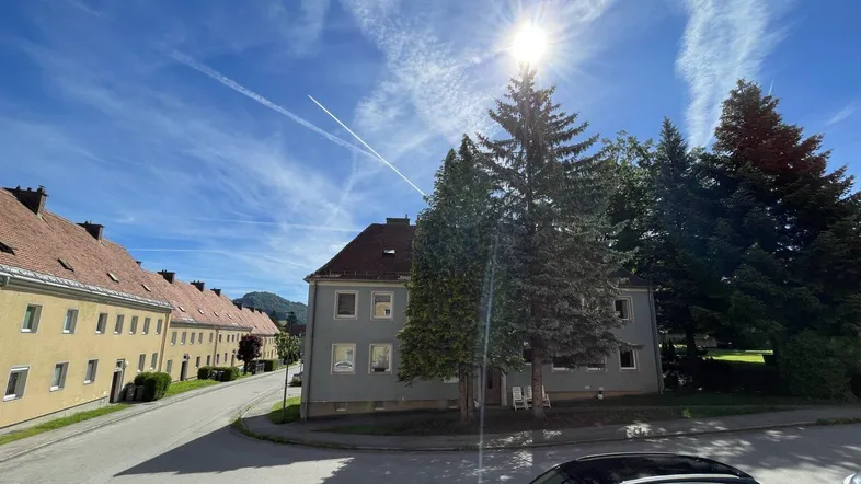 Sonnenbeschienene Wohngebäude in einer ruhigen Wohngegend mit Bäumen und blauem Himmel.