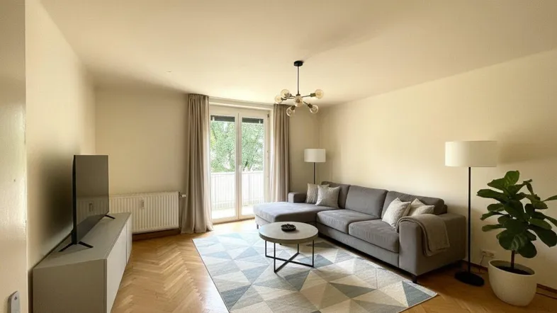 Helles Wohnzimmer mit modernem Sofa, Parkettboden und Zugang zum Balkon.