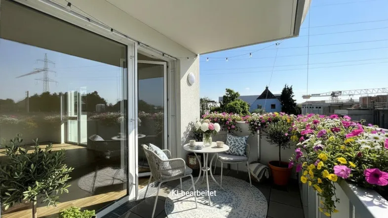 Heller Balkon mit Gartenmöbeln und üppiger Blumenbepflanzung, ideal für entspannte Stunden im Freien.