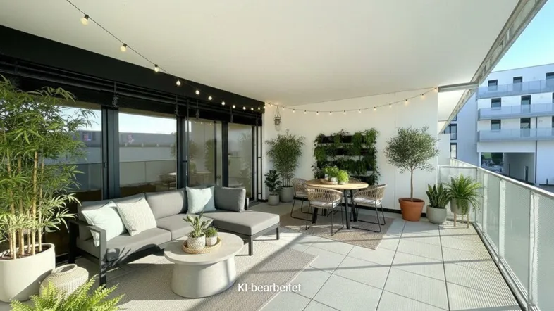 Großer, möblierter Balkon mit Pflanzen, Lichterkette und Blick auf die Umgebung.