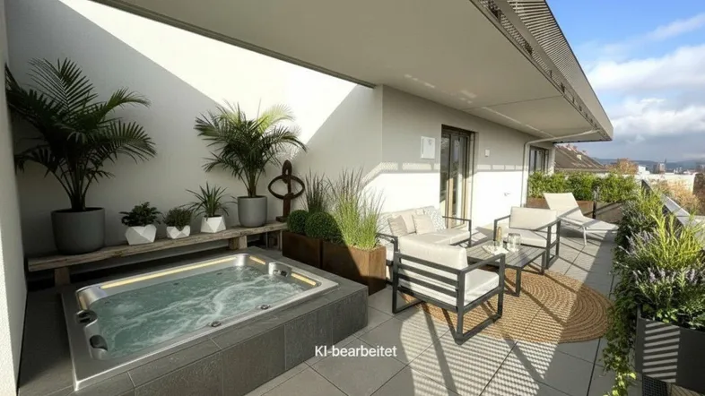 Geräumige Dachterrasse mit Whirlpool, bequemen Loungemöbeln und Pflanzen für entspannte Stunden im Freien.