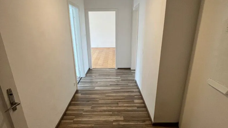 Langer, heller Flur mit modernem Laminatboden, der zu weiteren Räumen führt.