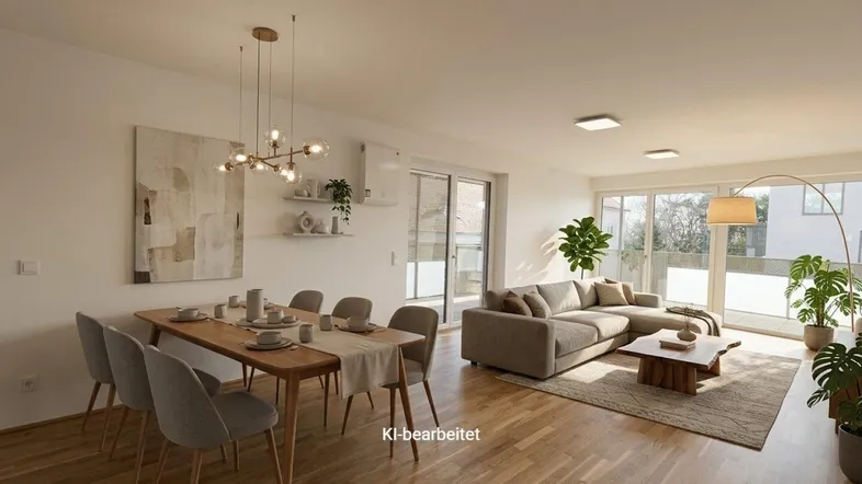 KI-bearbeiteter, offener Wohn-Essbereich mit Holzboden, großen Fenstern und Zugang zum Balkon.