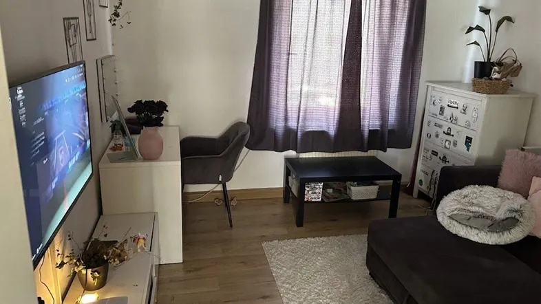Gemütliches Wohnzimmer mit Sofa, Fernseher, Schreibtisch und Blick nach draußen.