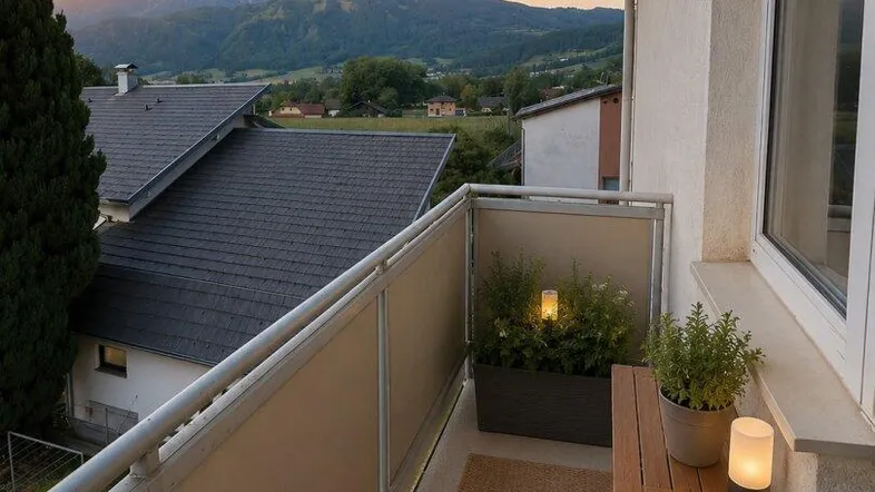 Gemütlicher Balkon mit Sitzgelegenheiten und malerischem Bergblick bei Sonnenuntergang.