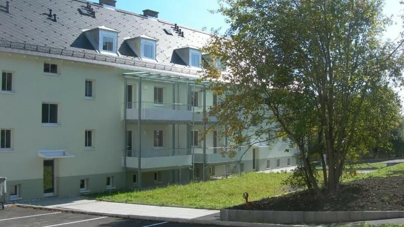 Außenansicht eines Mehrfamilienhauses mit Mansarddach, Balkonen und angrenzendem Grünbereich sowie Parkplätzen.