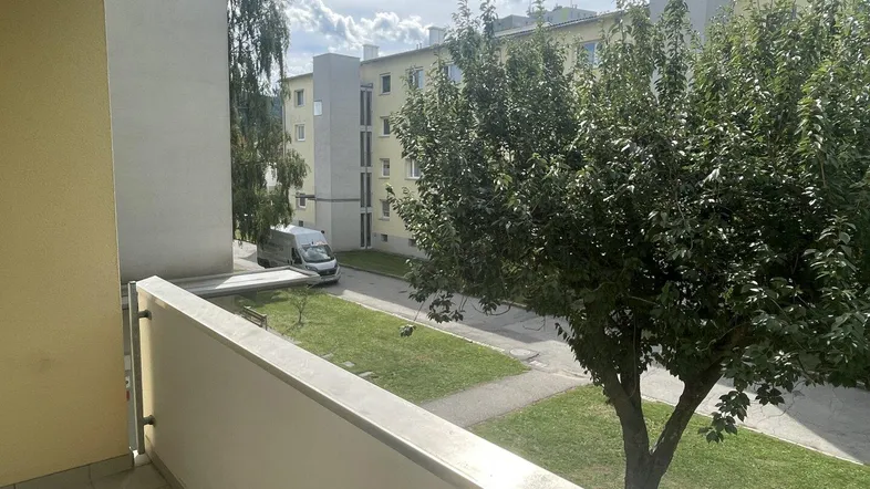 Blick vom Balkon auf die grüne Umgebung mit Bäumen und weiteren Wohngebäuden.