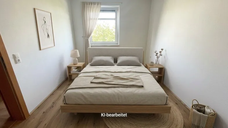 Helles Schlafzimmer mit modernem Bett, Nachttischen und Laminatboden, künstlich möbliert.