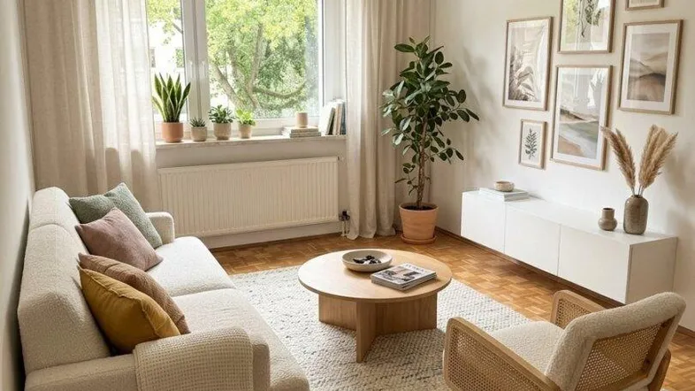 Helles Wohnzimmer mit modernem Sofa, Couchtisch und Blick ins Grüne durch große Fenster.