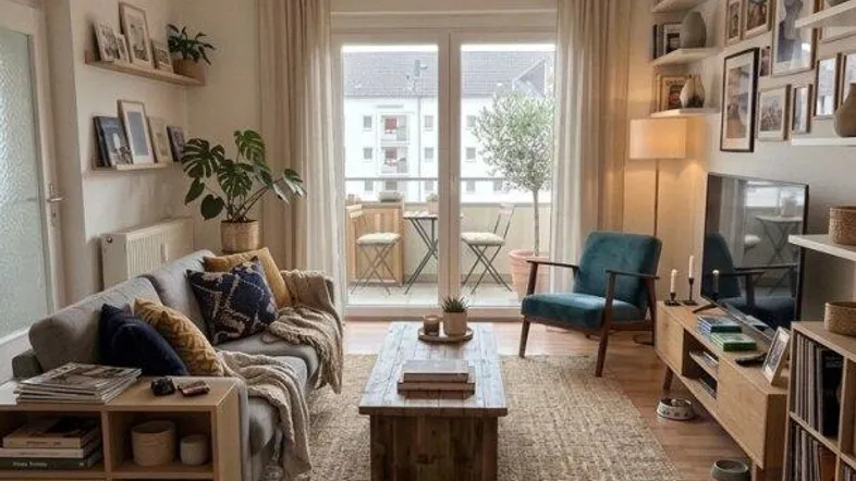 Helles Wohnzimmer mit Holzboden, gemütlichem Sofa und Zugang zu einem kleinen Balkon.