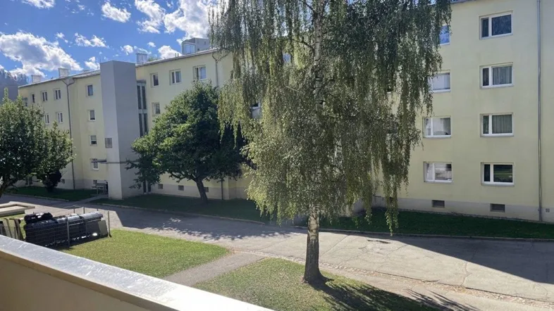 Blick vom Balkon auf die umliegenden Wohngebäude und den begrünten Innenhof mit Bäumen.