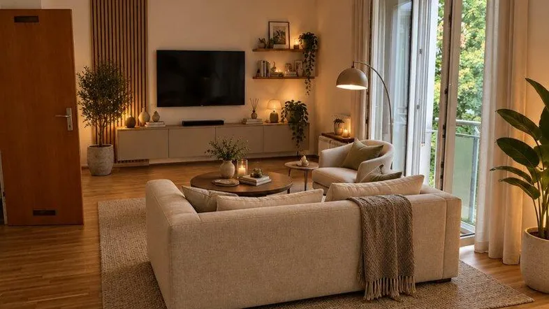 Gemütliches Wohnzimmer mit beigem Sofa, Holzboden und Zugang zu einem Balkon mit Grünblick.
