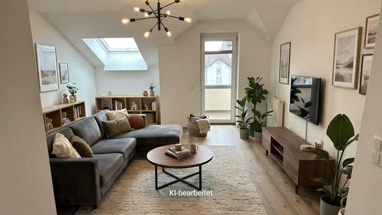 Gemütliches Wohnzimmer im Dachgeschoss mit Sofa, Teppich und Zugang zu einem Balkon.