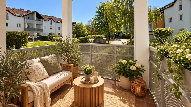 Möblierter Balkon mit gemütlicher Sitzecke und Blick ins Grüne.