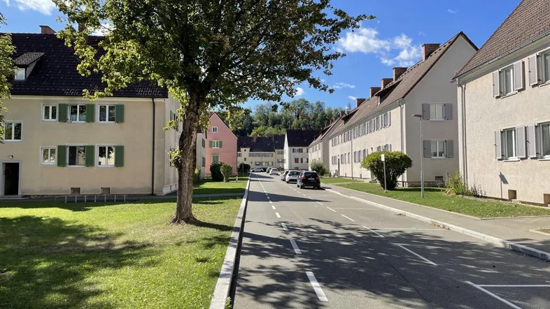 Blick auf eine ruhige Wohnstraße mit Reihenhäusern, gepflegten Grünflächen und Bäumen unter blauem Himmel.