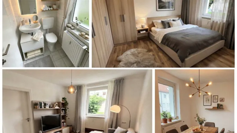 Verschiedene Innenräume der Wohnung, darunter Bad, Schlafzimmer, Wohnzimmer und Essbereich, in modernem Stil.