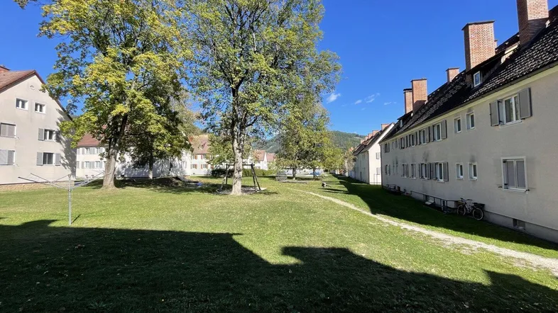 Weitläufige Grünfläche mit Bäumen und Spielgeräten zwischen Wohngebäuden unter blauem Himmel.