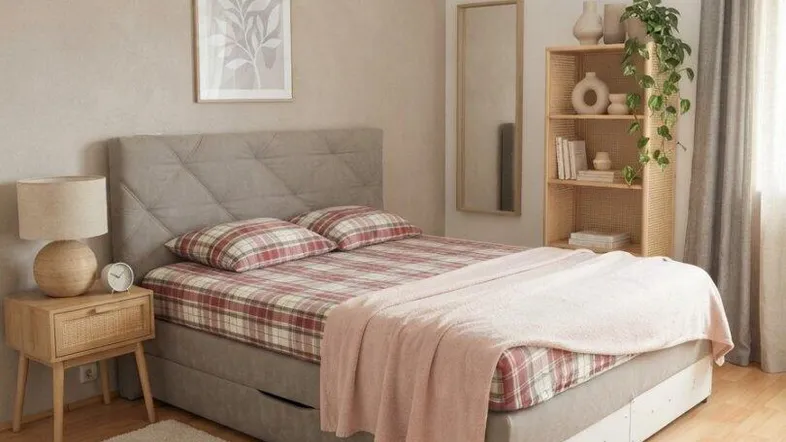 Helles Schlafzimmer mit Doppelbett, Nachttischen und Holzfußboden, modern eingerichtet.
